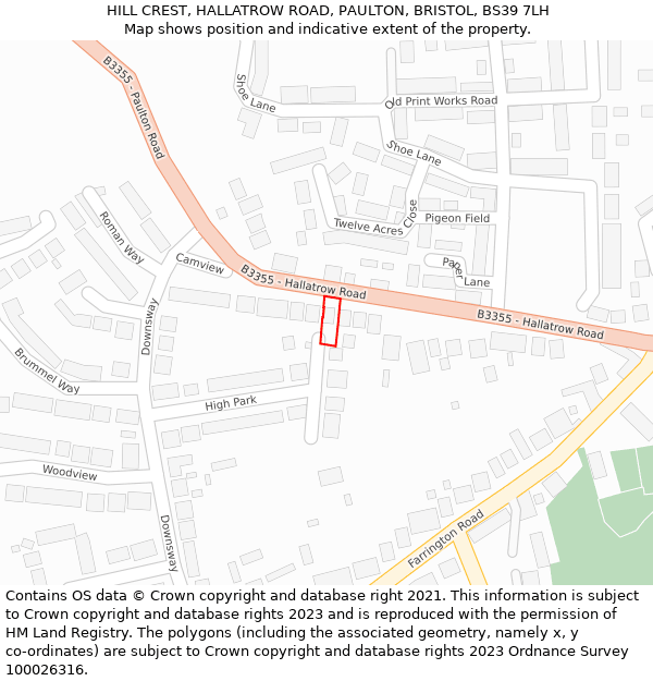 HILL CREST, HALLATROW ROAD, PAULTON, BRISTOL, BS39 7LH: Location map and indicative extent of plot