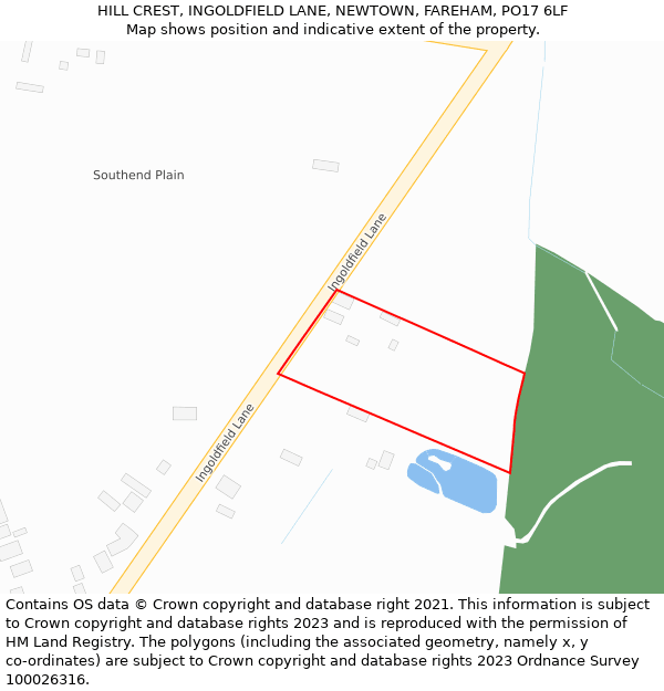 HILL CREST, INGOLDFIELD LANE, NEWTOWN, FAREHAM, PO17 6LF: Location map and indicative extent of plot