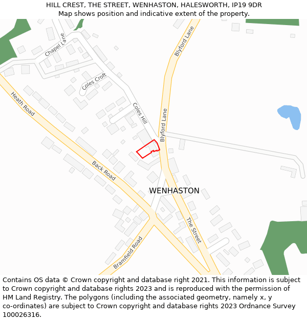 HILL CREST, THE STREET, WENHASTON, HALESWORTH, IP19 9DR: Location map and indicative extent of plot