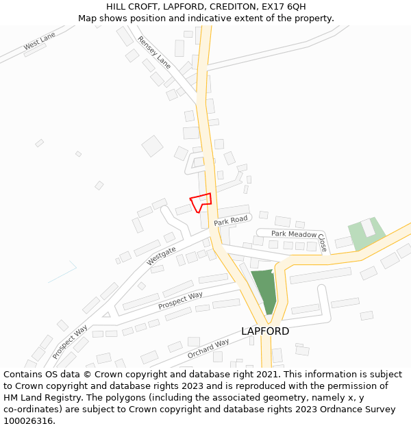 HILL CROFT, LAPFORD, CREDITON, EX17 6QH: Location map and indicative extent of plot