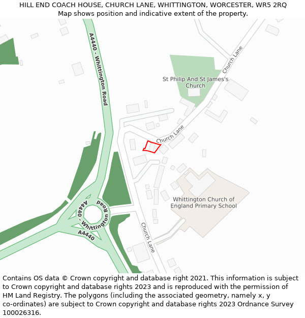 HILL END COACH HOUSE, CHURCH LANE, WHITTINGTON, WORCESTER, WR5 2RQ: Location map and indicative extent of plot