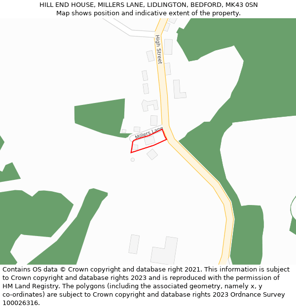 HILL END HOUSE, MILLERS LANE, LIDLINGTON, BEDFORD, MK43 0SN: Location map and indicative extent of plot