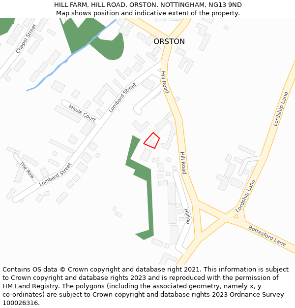 HILL FARM, HILL ROAD, ORSTON, NOTTINGHAM, NG13 9ND: Location map and indicative extent of plot
