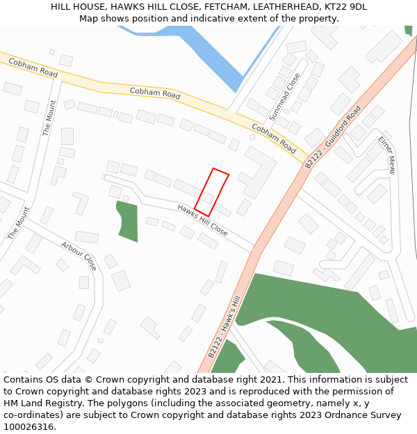 HILL HOUSE, HAWKS HILL CLOSE, FETCHAM, LEATHERHEAD, KT22 9DL: Location map and indicative extent of plot