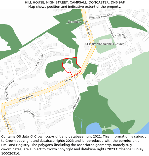 HILL HOUSE, HIGH STREET, CAMPSALL, DONCASTER, DN6 9AF: Location map and indicative extent of plot