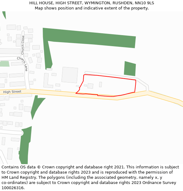HILL HOUSE, HIGH STREET, WYMINGTON, RUSHDEN, NN10 9LS: Location map and indicative extent of plot