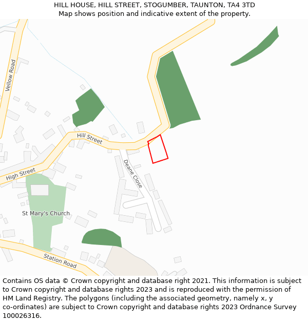 HILL HOUSE, HILL STREET, STOGUMBER, TAUNTON, TA4 3TD: Location map and indicative extent of plot