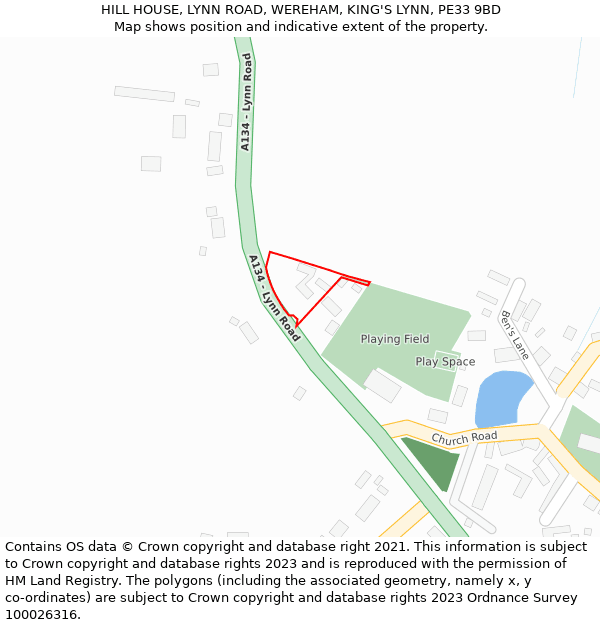 HILL HOUSE, LYNN ROAD, WEREHAM, KING'S LYNN, PE33 9BD: Location map and indicative extent of plot