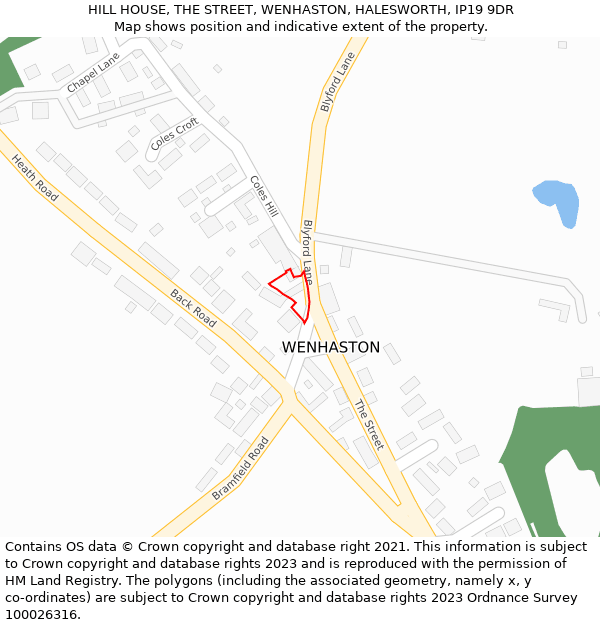 HILL HOUSE, THE STREET, WENHASTON, HALESWORTH, IP19 9DR: Location map and indicative extent of plot