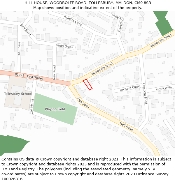 HILL HOUSE, WOODROLFE ROAD, TOLLESBURY, MALDON, CM9 8SB: Location map and indicative extent of plot