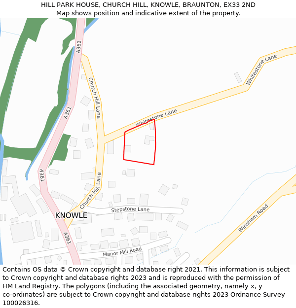 HILL PARK HOUSE, CHURCH HILL, KNOWLE, BRAUNTON, EX33 2ND: Location map and indicative extent of plot