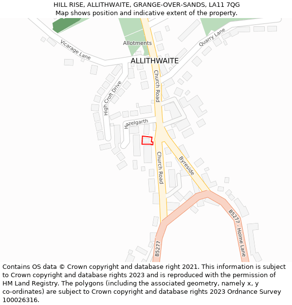 HILL RISE, ALLITHWAITE, GRANGE-OVER-SANDS, LA11 7QG: Location map and indicative extent of plot