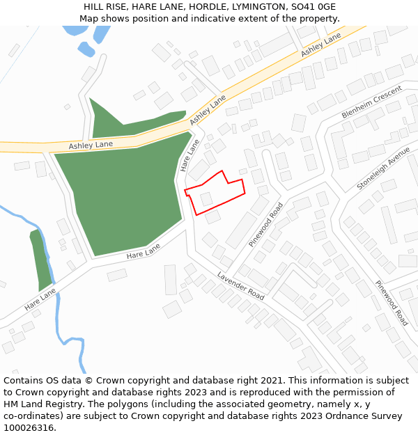 HILL RISE, HARE LANE, HORDLE, LYMINGTON, SO41 0GE: Location map and indicative extent of plot