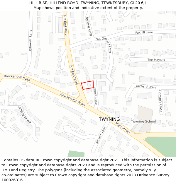 HILL RISE, HILLEND ROAD, TWYNING, TEWKESBURY, GL20 6JL: Location map and indicative extent of plot