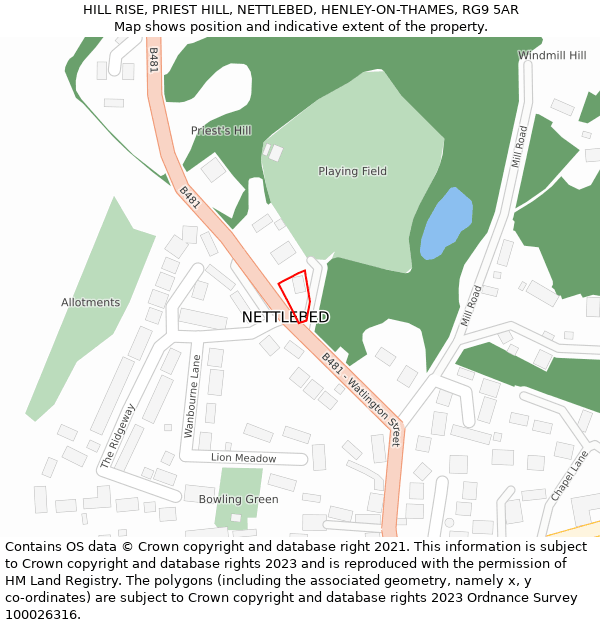 HILL RISE, PRIEST HILL, NETTLEBED, HENLEY-ON-THAMES, RG9 5AR: Location map and indicative extent of plot