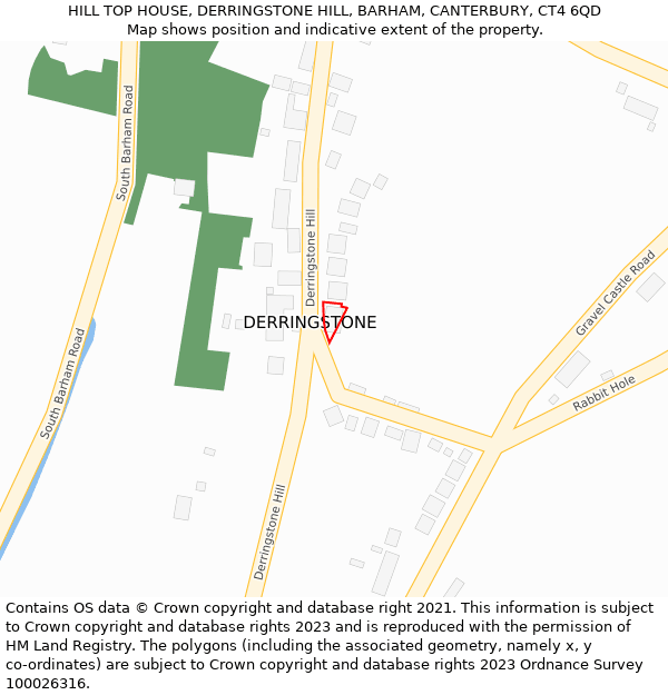 HILL TOP HOUSE, DERRINGSTONE HILL, BARHAM, CANTERBURY, CT4 6QD: Location map and indicative extent of plot