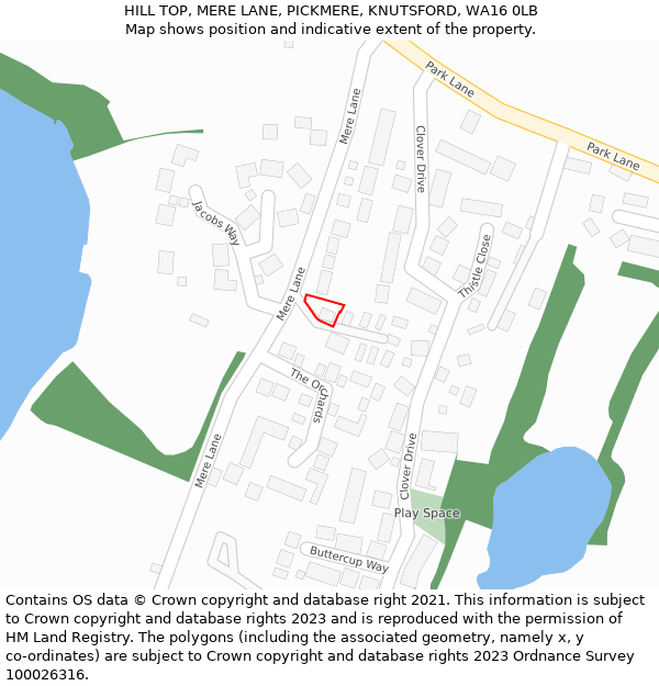 HILL TOP, MERE LANE, PICKMERE, KNUTSFORD, WA16 0LB: Location map and indicative extent of plot