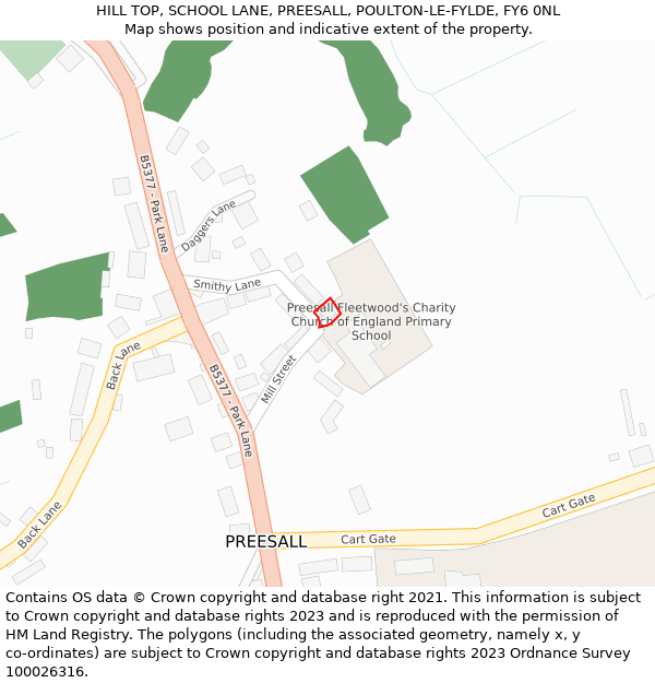 HILL TOP, SCHOOL LANE, PREESALL, POULTON-LE-FYLDE, FY6 0NL: Location map and indicative extent of plot