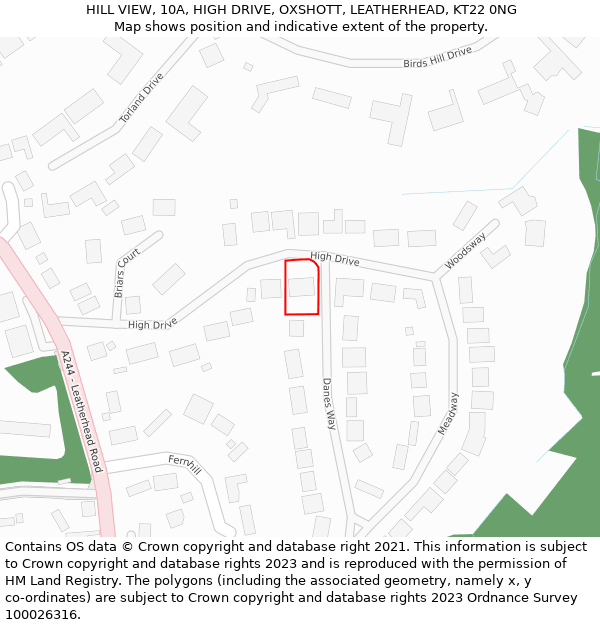 HILL VIEW, 10A, HIGH DRIVE, OXSHOTT, LEATHERHEAD, KT22 0NG: Location map and indicative extent of plot