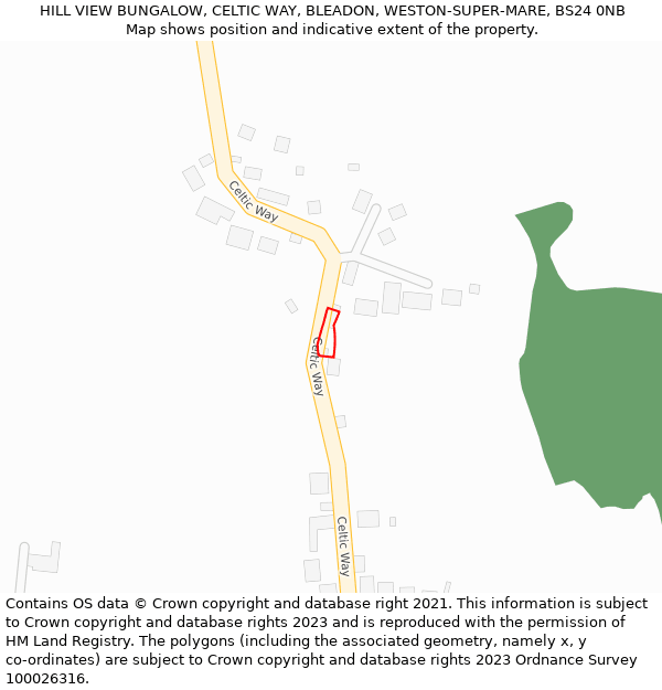 HILL VIEW BUNGALOW, CELTIC WAY, BLEADON, WESTON-SUPER-MARE, BS24 0NB: Location map and indicative extent of plot