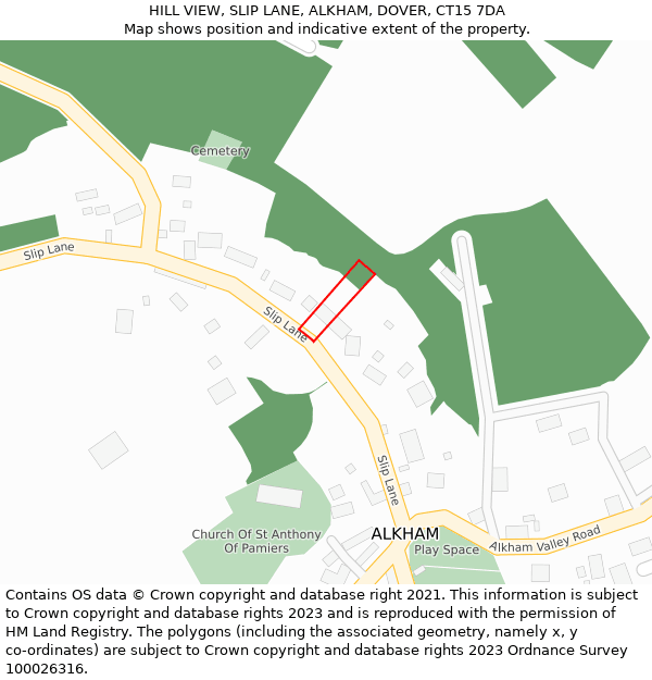 HILL VIEW, SLIP LANE, ALKHAM, DOVER, CT15 7DA: Location map and indicative extent of plot