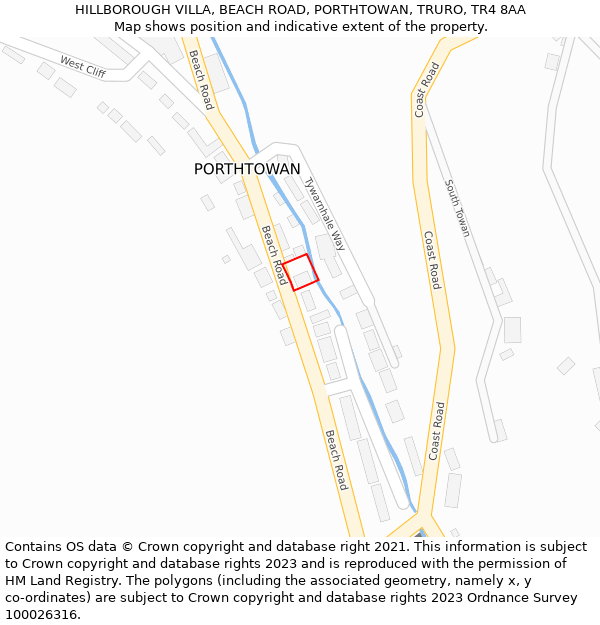 HILLBOROUGH VILLA, BEACH ROAD, PORTHTOWAN, TRURO, TR4 8AA: Location map and indicative extent of plot