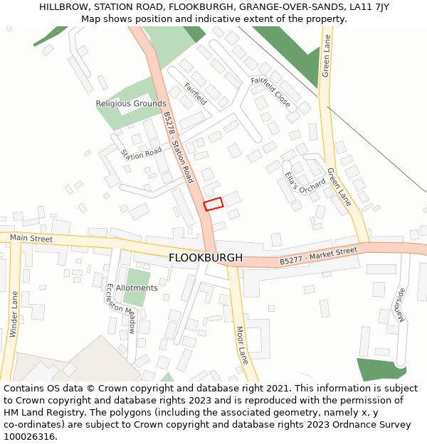 HILLBROW, STATION ROAD, FLOOKBURGH, GRANGE-OVER-SANDS, LA11 7JY: Location map and indicative extent of plot