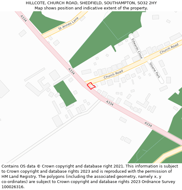 HILLCOTE, CHURCH ROAD, SHEDFIELD, SOUTHAMPTON, SO32 2HY: Location map and indicative extent of plot