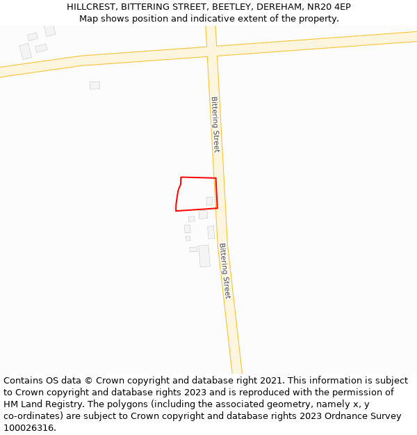 HILLCREST, BITTERING STREET, BEETLEY, DEREHAM, NR20 4EP: Location map and indicative extent of plot