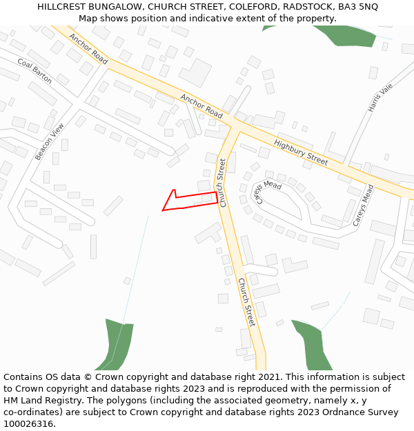 HILLCREST BUNGALOW, CHURCH STREET, COLEFORD, RADSTOCK, BA3 5NQ: Location map and indicative extent of plot