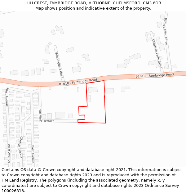 HILLCREST, FAMBRIDGE ROAD, ALTHORNE, CHELMSFORD, CM3 6DB: Location map and indicative extent of plot