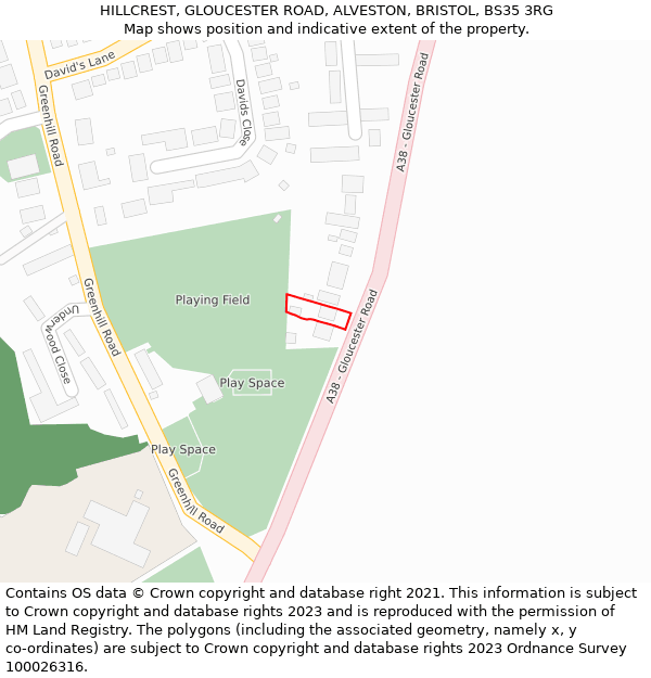 HILLCREST, GLOUCESTER ROAD, ALVESTON, BRISTOL, BS35 3RG: Location map and indicative extent of plot