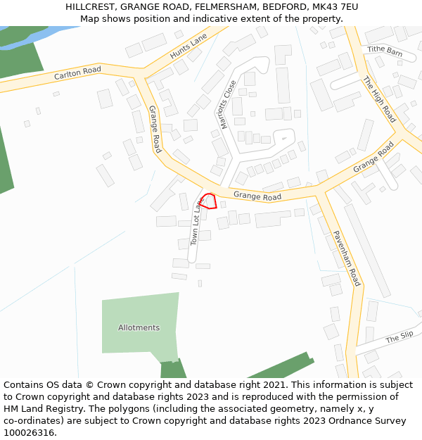 HILLCREST, GRANGE ROAD, FELMERSHAM, BEDFORD, MK43 7EU: Location map and indicative extent of plot