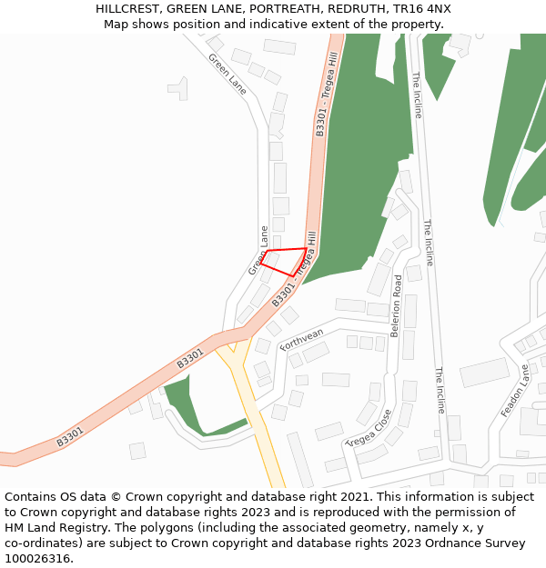 HILLCREST, GREEN LANE, PORTREATH, REDRUTH, TR16 4NX: Location map and indicative extent of plot