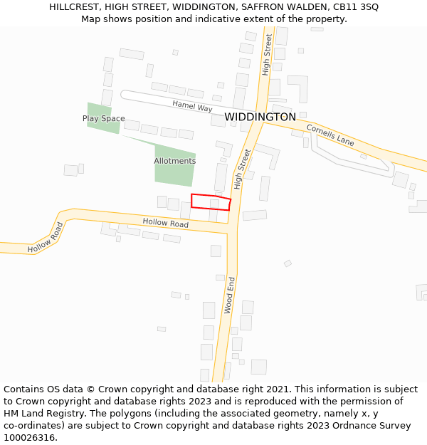 HILLCREST, HIGH STREET, WIDDINGTON, SAFFRON WALDEN, CB11 3SQ: Location map and indicative extent of plot