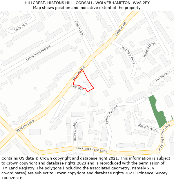 HILLCREST, HISTONS HILL, CODSALL, WOLVERHAMPTON, WV8 2EY: Location map and indicative extent of plot