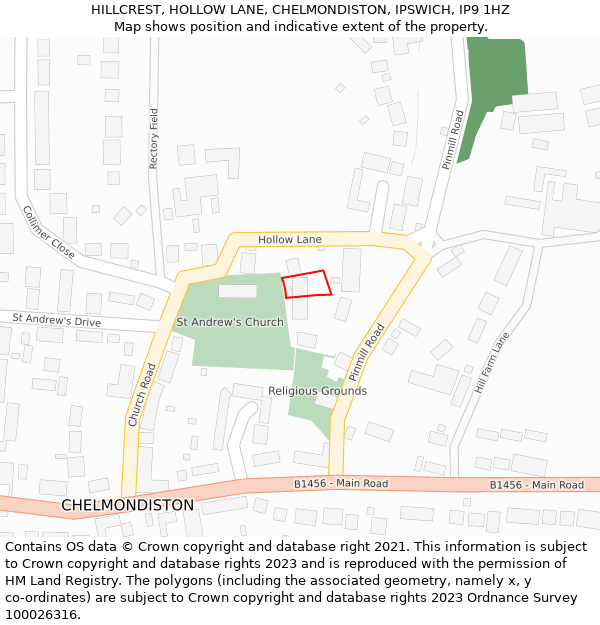 HILLCREST, HOLLOW LANE, CHELMONDISTON, IPSWICH, IP9 1HZ: Location map and indicative extent of plot