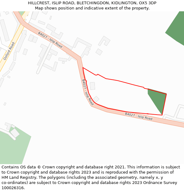 HILLCREST, ISLIP ROAD, BLETCHINGDON, KIDLINGTON, OX5 3DP: Location map and indicative extent of plot