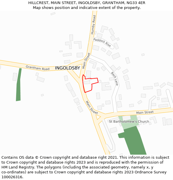 HILLCREST, MAIN STREET, INGOLDSBY, GRANTHAM, NG33 4ER: Location map and indicative extent of plot