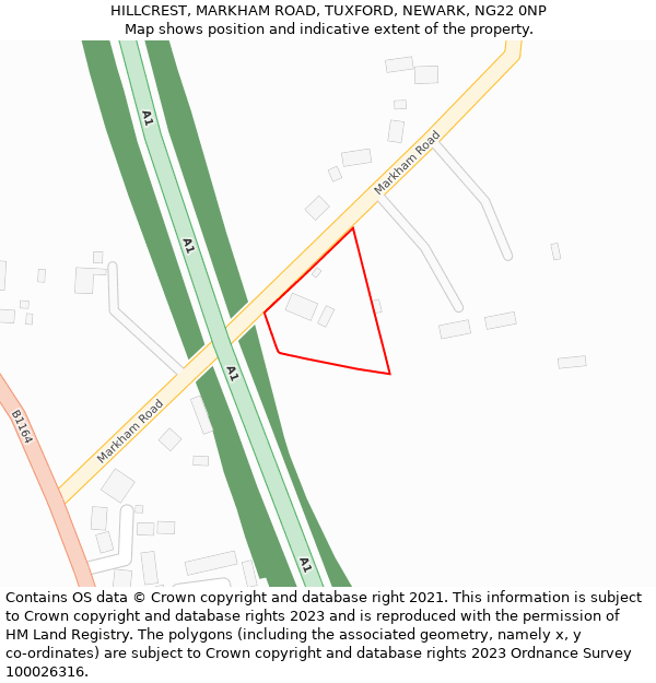 HILLCREST, MARKHAM ROAD, TUXFORD, NEWARK, NG22 0NP: Location map and indicative extent of plot