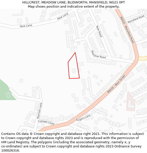 HILLCREST, MEADOW LANE, BLIDWORTH, MANSFIELD, NG21 0PT: Location map and indicative extent of plot