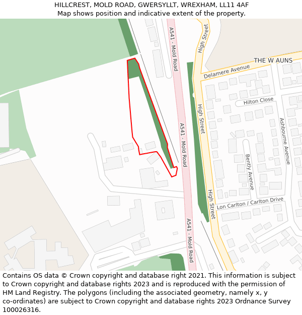 HILLCREST, MOLD ROAD, GWERSYLLT, WREXHAM, LL11 4AF: Location map and indicative extent of plot