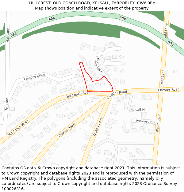 HILLCREST, OLD COACH ROAD, KELSALL, TARPORLEY, CW6 0RA: Location map and indicative extent of plot