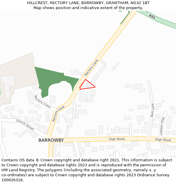 HILLCREST, RECTORY LANE, BARROWBY, GRANTHAM, NG32 1BT: Location map and indicative extent of plot