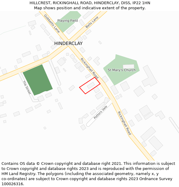 HILLCREST, RICKINGHALL ROAD, HINDERCLAY, DISS, IP22 1HN: Location map and indicative extent of plot
