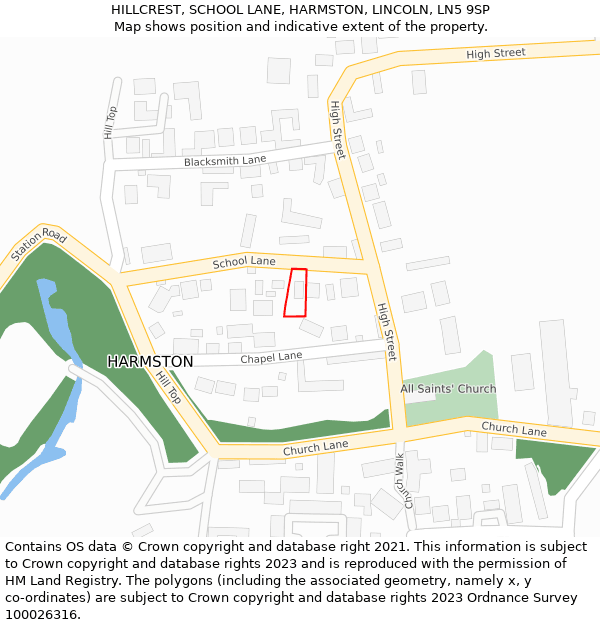 HILLCREST, SCHOOL LANE, HARMSTON, LINCOLN, LN5 9SP: Location map and indicative extent of plot