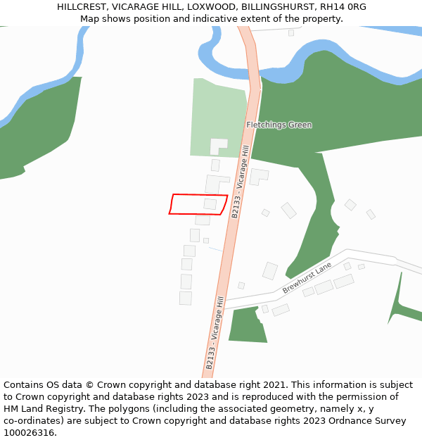 HILLCREST, VICARAGE HILL, LOXWOOD, BILLINGSHURST, RH14 0RG: Location map and indicative extent of plot