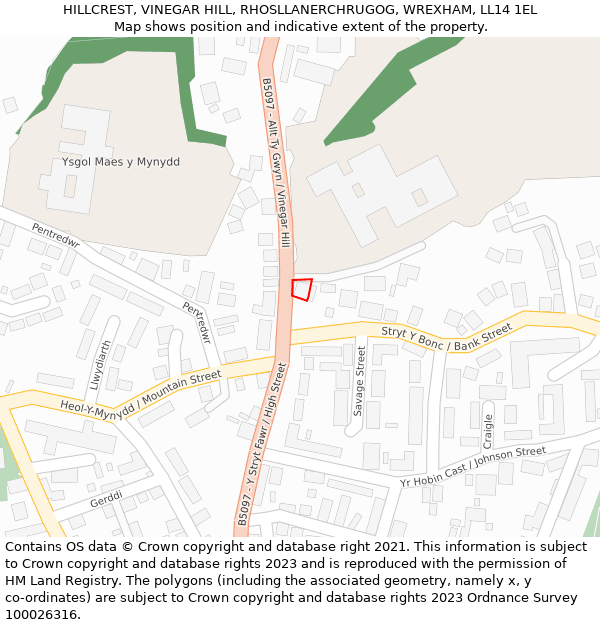 HILLCREST, VINEGAR HILL, RHOSLLANERCHRUGOG, WREXHAM, LL14 1EL: Location map and indicative extent of plot