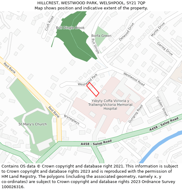 HILLCREST, WESTWOOD PARK, WELSHPOOL, SY21 7QP: Location map and indicative extent of plot