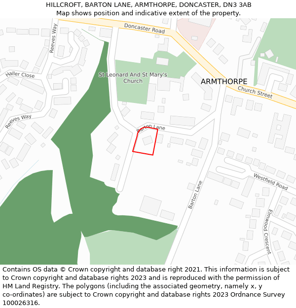 HILLCROFT, BARTON LANE, ARMTHORPE, DONCASTER, DN3 3AB: Location map and indicative extent of plot